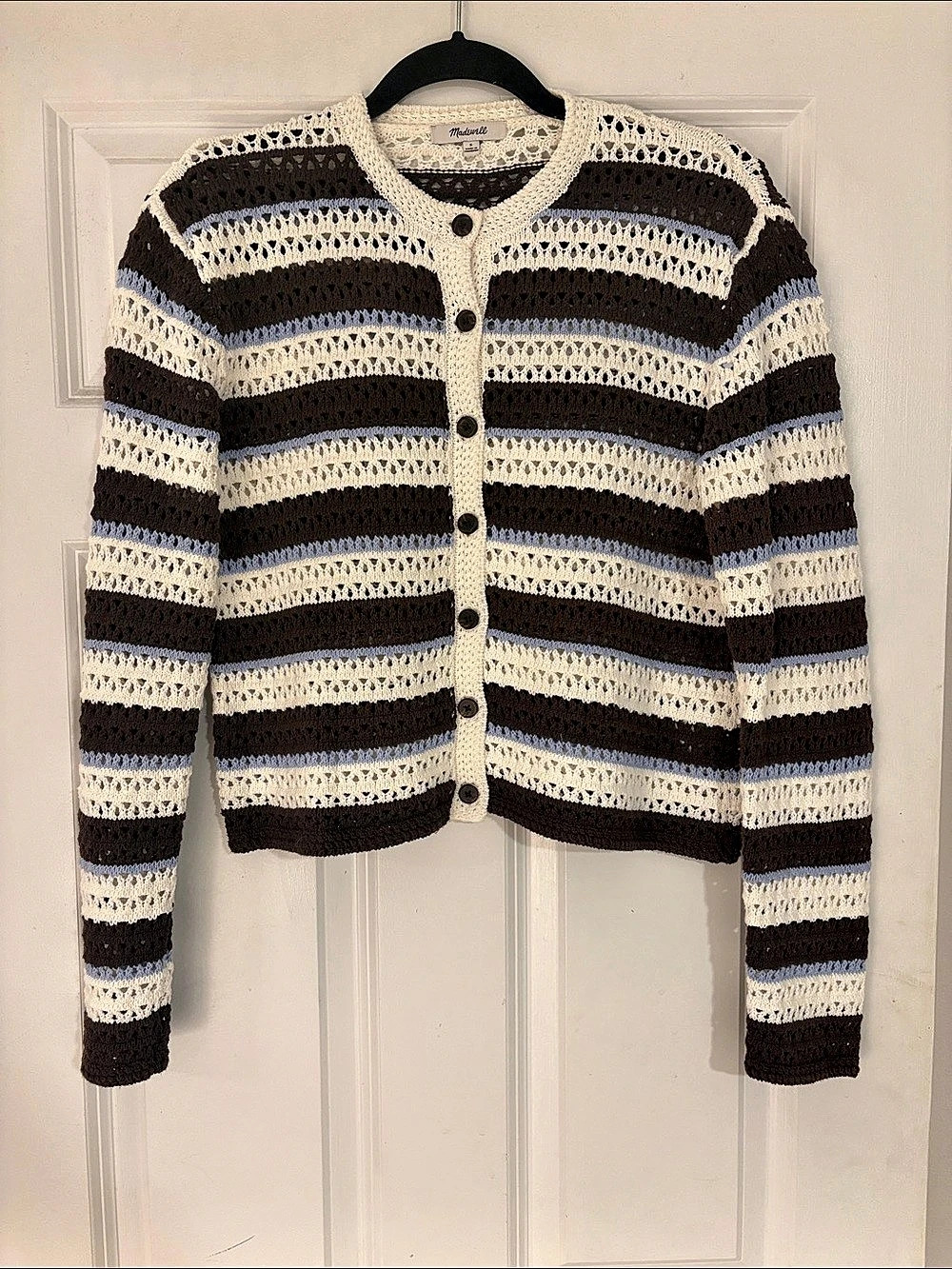 Madewell Striped Crochet Cardigan Sweater chocolate brown, blue & white Small